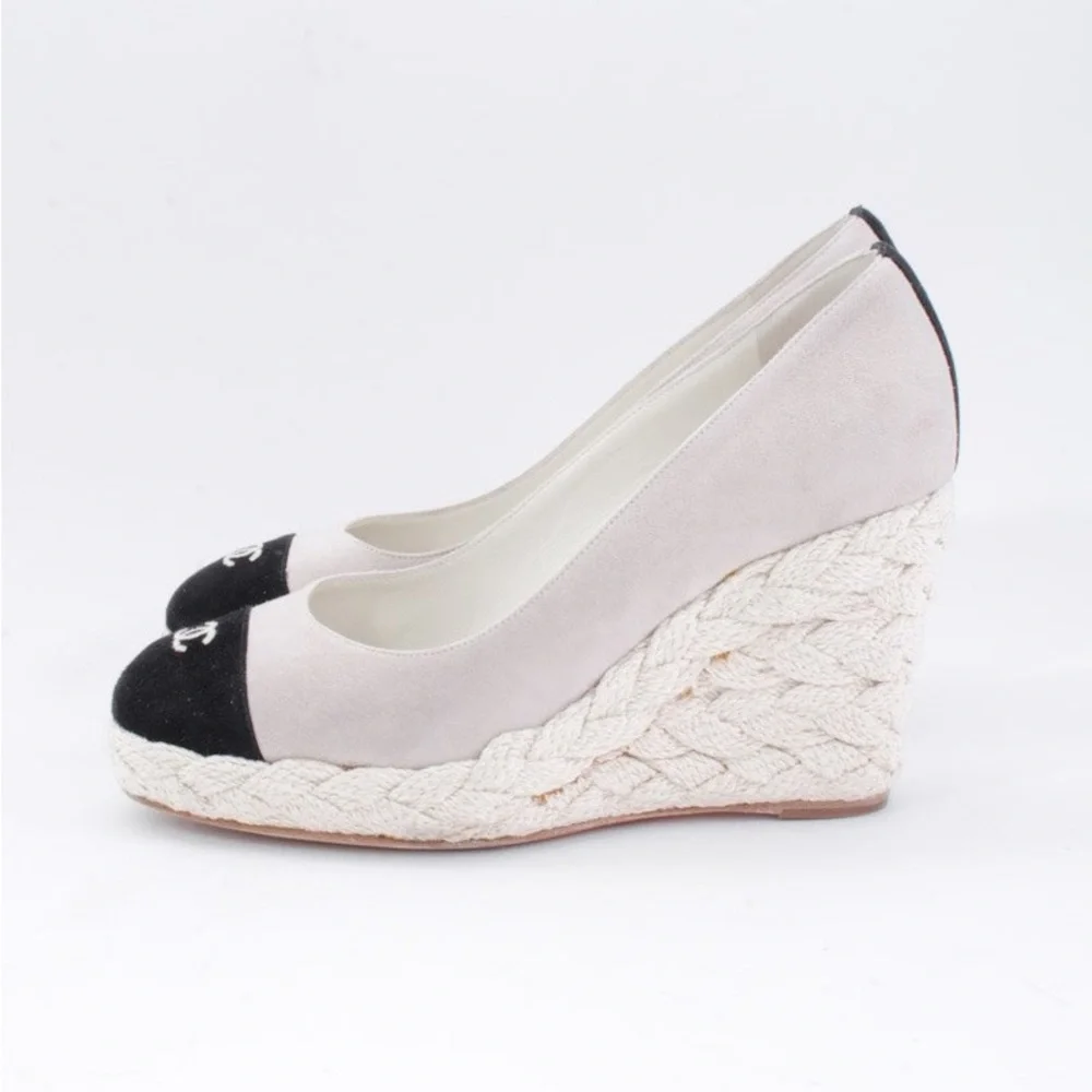 Chanel Two-Tone Espadrille Wedge Pumps in Cream and Black